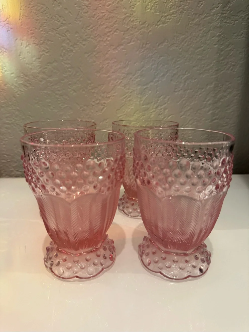 Gorham Crystal Emily's Attic Pink Hobnail Goblets 5’Italy~4 Pc Set excllent cond